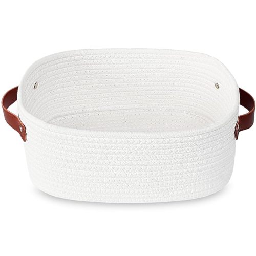 ABenkle Small White Basket with Handle, Soft Woven Storage Bins Baskets for Cat and Dog Toys Organizer, Decorative Shelves Closet Organizing Basket Chest Box, Empty Gift Baskets