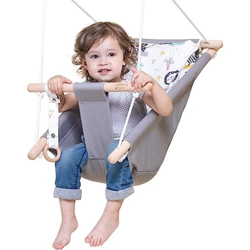 Baby Swing for Baby and Toddler, Canvas Baby Hammock Swing Indoor and Outdoor with Safety Belt and Mounting Hardware, Wooden Hanging Swing Seat Chair for Baby up to 3 Years -Cute Animal