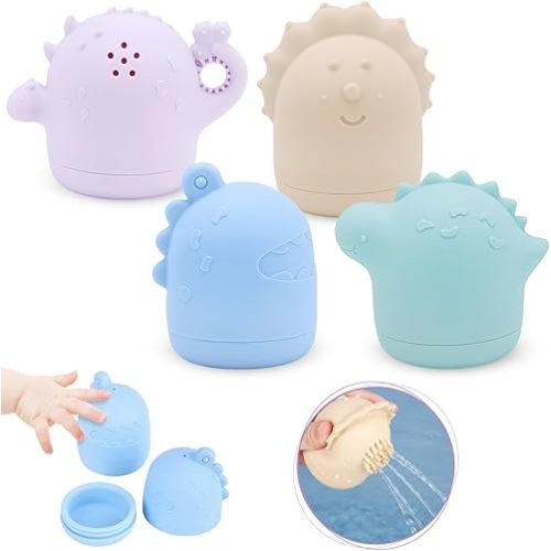Mold Free Bath Toys, iselyn 4Packs Bath Toys for Toddlers Silicone Baby Bath Toys Non-Toxic Squeezable Bathtub Toys for Infants-Dinosaurs