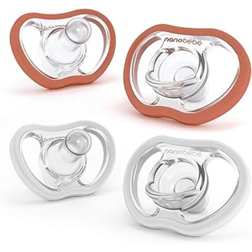 Nanobebe Active Baby Pacifiers 4-36 Months - Orthodontic, Lightweight and Vented, Curves Comfortably with Face Contour, 100% Silicone - BPA Free, Perfect Baby Registry Gift 4pk, Clay/White