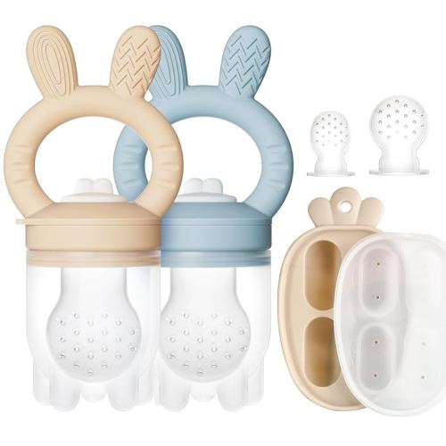 2 Packs Baby Fruit Feeder & Freezer Nibble Tray Combo, Push Pop Baby Food Feeder to Safely Introduce New Foods, Fresh & Frozen Food Silicone Feeder, 100% Food Grade, BPA Free (Caramel & Blue)
