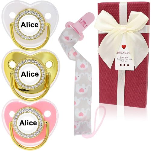 Personalized Pacifier Set with Name, BPA Free, Bling Gold Silver Pink Rose Gold Luxurious Ideal Gift for Newborns (Pink)