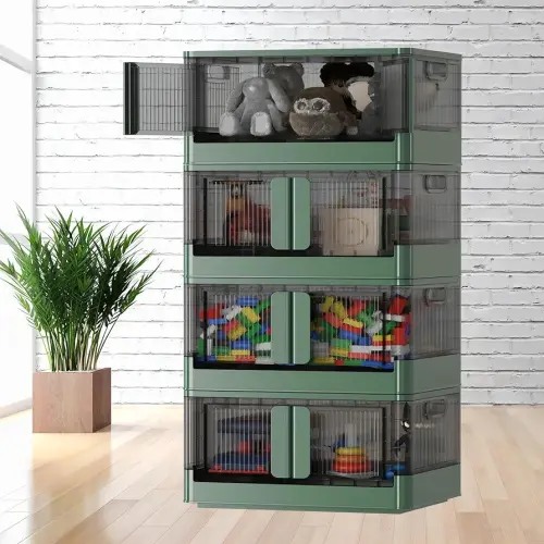Storage Bins with Lids - 8.4 Gallon Collapsible Storage Bins with Wheels and Door, Stackable Storage Bins for Clothing, Blankets, Books, Bedding and Toys.(8.4Gal - 4Pack, Green)