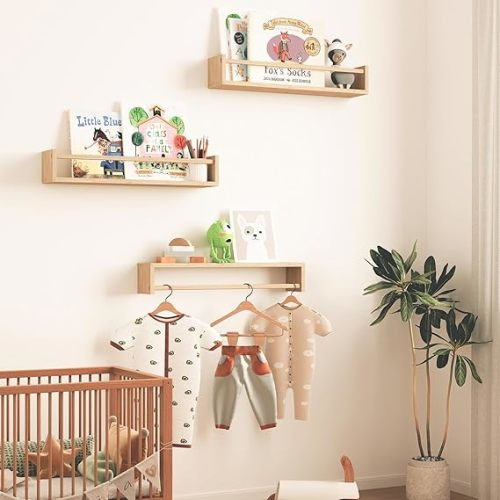 Fixwal Nursery Shelves, 16.5 Inch Floating Bookshelves for Wall Set of 3, Baby Nursery Decor, Solid Wood Wall Mounted Shelves for Books (Natural Wood)
