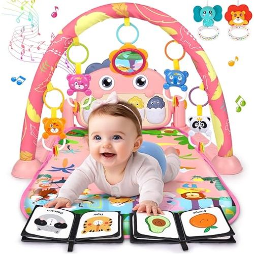 Baby Play Mat Baby Toys Tummy Time Mat Toys Infant Newborn Musical Activity Center with High-Contrast Piano Music & Light Newborn Babies Gift for Girl Boy Babies Toy 0-6 6-12 Month Pink Dinosaur