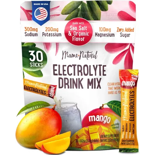 Mama Natural Electrolytes Powder Packets – Instant Hydration with natural Sea Salt, Potassium & Magnesium Glycinate – Sugar Free, Organic Mango Flavor – 30 Travel Sticks for Postpartum & Pregnancy