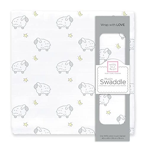 SwaddleDesigns Cotton Muslin Swaddle Blanket, Receiving Blanket for Boys & Girls, Best Shower Gift, 46x46 inches, Little Lambs, Sterling