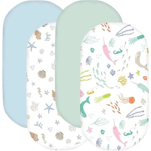 Little Grape Land Baby Bassinet Sheet Sets, 4 Pack Universal Fitted Bassinet Sheets, Breathable Microfiber for Bassinet Mattress (32"x16"x4"), Ocean/Shell/Mint/Blue