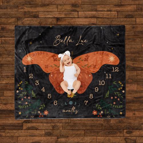 Boho Personalized Atlas Moth Wings Milestone Blanket. Magical Moth Midnight Butterfly Wings Growth chart. A perfect unique baby shower gift.