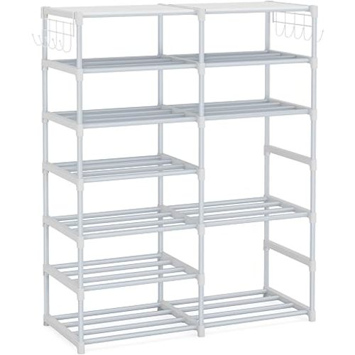 Tribesigns 7 Tier Metal Shoe Rack With Side Hooks For Entryway, 24-30 Pairs - Tall Storage Organizer For Shoes And Boots