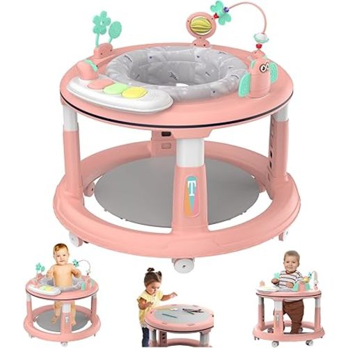 Baby Walker with 5 Adjustable Heights, Baby Walkers and Activity Center for Boys Girls Babies 6-12 Months, Features 360 Degree Swivel Seat, Music, Detachable Toys, Bounce Foot pad（Pink）…