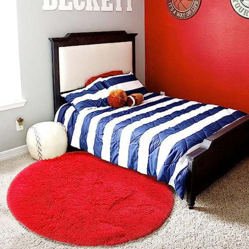NAMZI Red Round Rug for Bedroom,Fluffy Circle Rug 2'X2' for Kids Room,Furry Carpet for Teen's Room,Shaggy Circular Rug for Nursery Room,Fuzzy Plush Rug for Dorm,Cute Room Decor for Baby