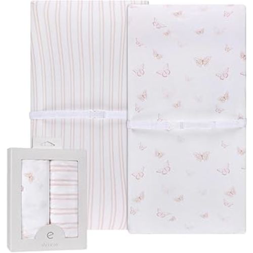 Ely’s & Co. Changing Pad Cover, Diaper Changing Table Sheets, 2 Pack, Cradle Sheet Set for Baby Girls, 100% Jersey Knit Cotton, 32”x16”x5” Pink Butterfly + Stripe Collection