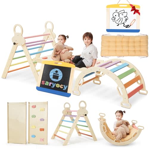 Saryocy Pikler Triangle Set for Kids, 8 in 1 Colorful Montessori Large Climbing Toys for Toddlers 1-6 Inside with Arch, Ramp and Foldable Triangle, Cushion Pad and Chalkboard