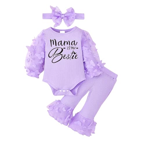 Baby Girl Clothes Newborn Outfits 3D Butterfly Long Sleeve Romper Flare Pants with Bow Headband Set 0-18 Months