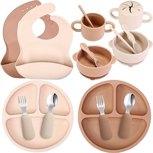 16 Pcs Baby Led Weaning Supplies Silicone Baby Feeding Set Baby Plates with Suction Baby Utensils with Divided Adjustable Bib Bowl Cutlery Snack Cup Spoons Straw 6 Months+ (Walnut, Beige)