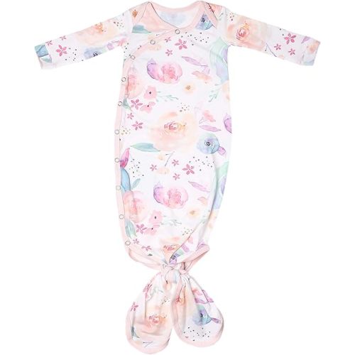 Copper Pearl Baby Gown - Knotted Newborn Sleepers for Baby Girl, Soft Stretchy Long Sleeve Infant Gowns with Bottom Tie and Hand Mittens, Perfect Hospital Coming Home Outfit (Bloom)