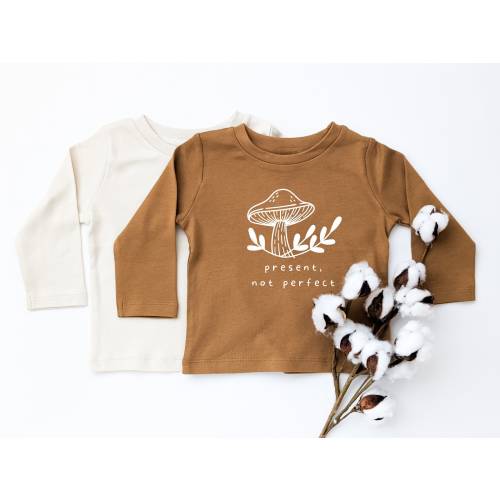 Present, Not Perfect, Baby T Shirt, Long Sleeve Crew Neck, Gender Neutral, Organic Cotton