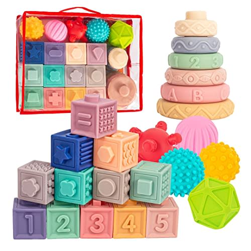 Springflower 3 in 1 Montessori Toys for Babies 0-3-6-12 Months, Soft Baby Teething Toys and Stacking Building Blocks for Sensory Developmental Education of Toddlers 12-18 Months, 23 PCS