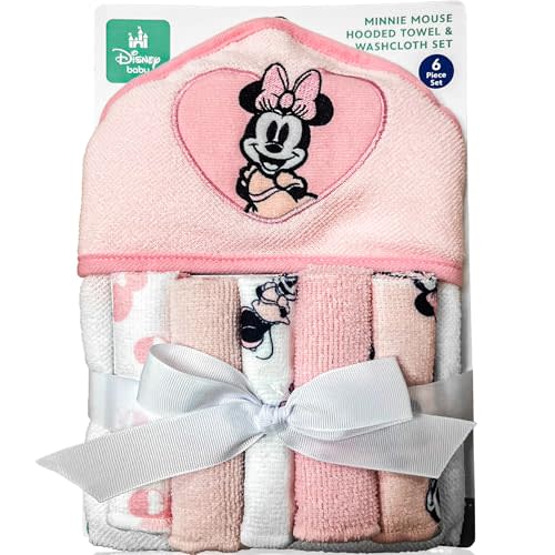 Minnie Mouse Bath Towel Set | Disney Minnie Mouse Hooded Baby Bath Towel | Minnie Hoodie Towels & 5 Wash Cloths | Baby Newborn Essentials | Soft Plush | Pink/White | Officially Licensed