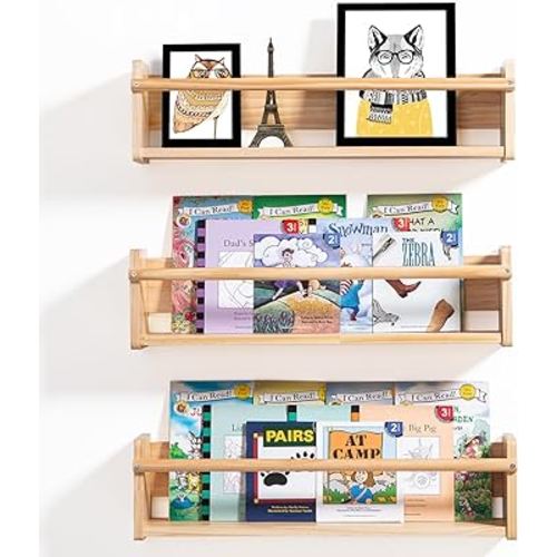 AZSKY Nursery Book Shelves 5.7in Wide Floating Bookshelf for Wall Waterproof Natural Wood Kid Room Wall Mount Organizer for Bathroom,Bedroom, Living Room, Kitchen Home Wall Décor 24 Inch Set of 3