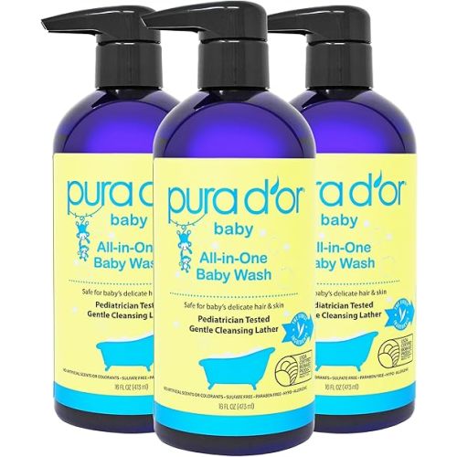 PURA D'OR All-in-One Baby Wash (16 Oz x3 = 48 Oz) USDA Biobased, Zero Sulfates, No Artificial Scents, Tear-Less, Hypoallergenic, Gentle, Calming 2-in-1 Baby Bath Wash & Shampoo