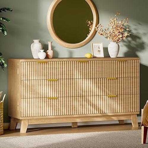 Fluted Dresser with 7 Drawers, 58" Wide Modern Chest of Drawers with Metal Handle, Wooden Dresser TV Stand, Wood Closet Clothes Storage Organizer for Bedroom, Living Room, Hallway, Natural Oak
