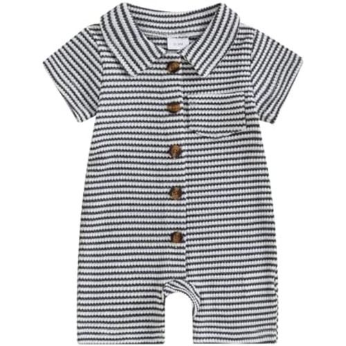 Newborn Baby Boy Clothes Striped Button Down Collared Romper Waffle Short Sleeve Jumpsuit Bodysuit One Piece Outfit