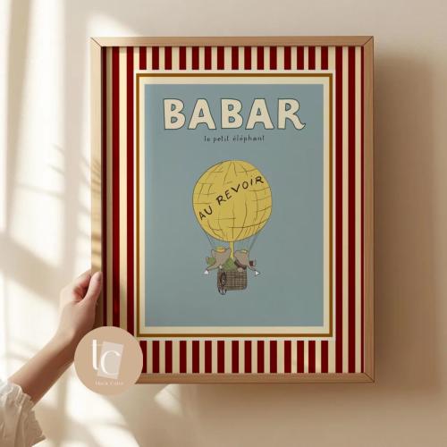 Babar the elephant hot air balloon nursery wall art retro kids decor quote wall art genre neutral baby wall art illustration nursery print
