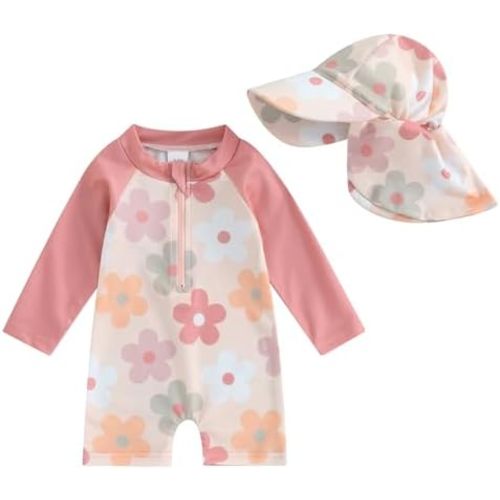 Toddler Baby Girls Swimsuit Sun Protection One Piece Bathing Sui Infant Rash Guard Beach Swimwear with Hat