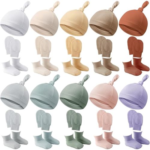 Toulite 10 Set Newborn Baby Socks Hat and Mittens Soft Ankle Sock Newborn Beanie Mitten for Boys Girls 0-6 Month Infant(Light Color,Cute)