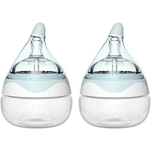 POTATO Glass Baby Bottles for Newborn Babies, Anti Colic Breastfeeding Bottle with Wide Neck, Slow Flow, 2pack, 2.5oz, Blue