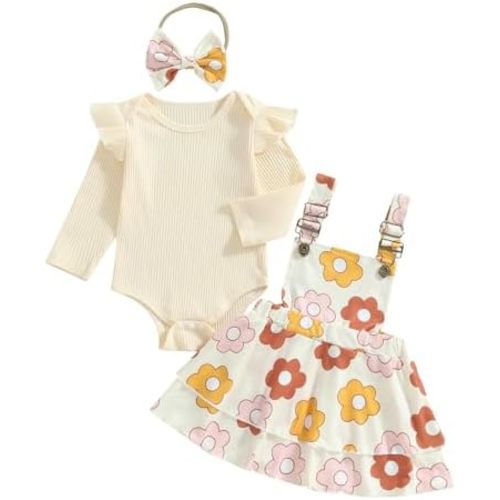 Newborn Baby Girl Outfits Long Sleeve Romper Floral Suspenders Skirt Cute Headband 3 Pcs Infant Fall Winter Clothes
