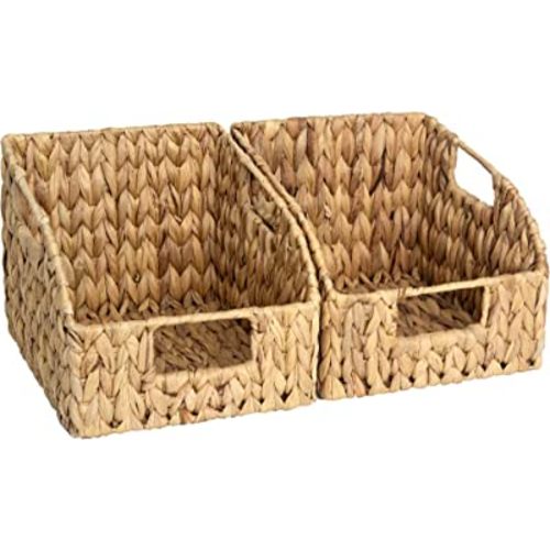 StorageWorks Pantry Baskets for Organizing, Wicker Baskets with Built-in Handles, Handwoven Wicker Storage Baskets, Water Hyacinth for Shelves, 2 Pack