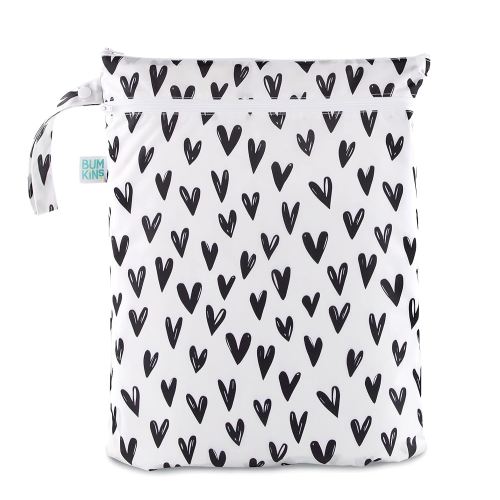 Bumkins Waterproof Wet Dry Bag for Baby, Travel, Swim Suit, Cloth Diapers, Pump Parts, Pool, Beach, Gym Clothes, Toiletry, Hook to Stroller, Daycare, Zipper Reusable Wetdry Packing Pouch, Black Hearts