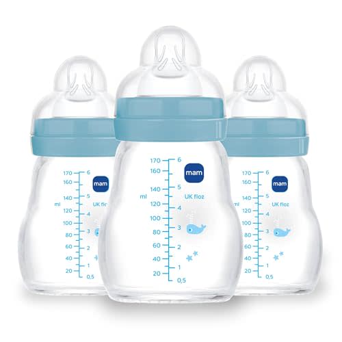 MAM Premium Glass Baby Bottles, Easy Switch Between Breast and Bottle, Feel Good Slow Flow, Newborn Essentials Must Have, 0+ Months, BPA Free, 6oz, Boy, 3 Pack