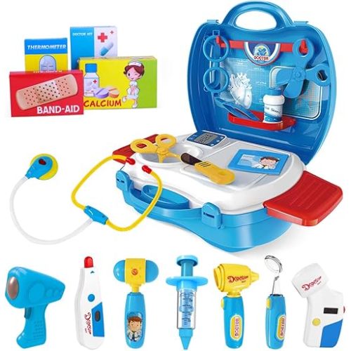 iBaseToy Doctor Kit for Kids, 27Pcs Pretend Medical Doctor Medical Playset with Electronic Stethoscope, Medical Kits Gift, Educational Doctor Toys for Toddler Boys Girls (Blue)