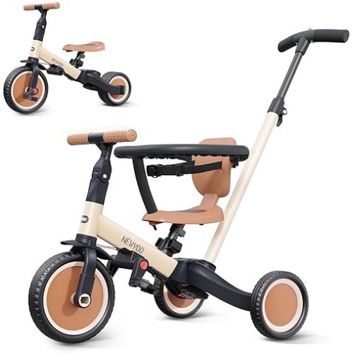 newyoo TR008 5 in 1 Toddler Tricycle with Push Handle for 1-3 Year Old Boys and Girls, Kids Push Trike with Safe Bar, Toddler Bike, Convert to Balance Bike, Birthday Gifts and Toys for Baby, Cream