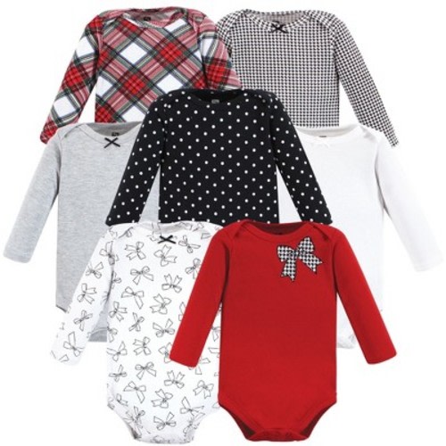 Hudson Baby Infant Girl Cotton Long-Sleeve Bodysuits, Winter Bows 7-Pack, 6-9 Months