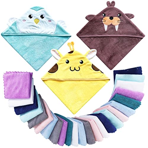 Lovely Care 3 Pack Baby Hooded Bath Towel with 24 Count Washcloth Sets for Newborns Infants & Toddlers, Boys & Girls - Baby Registry Search Essentials Item - Giraffe, Penguin, Seal