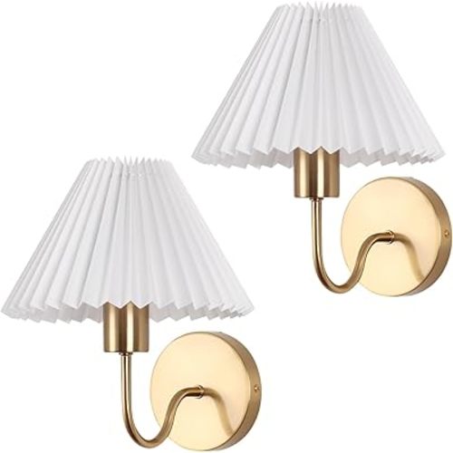 Wireless Wall Sconce Sets of 2, Pleated Shades Rechargeable Battery Operated Wall Sconce, Retro gooseneck Gold Wall Lights Bathroom Vanity Sconces, Wall Mounted Lamps for Bedroom Living Room Kitchen