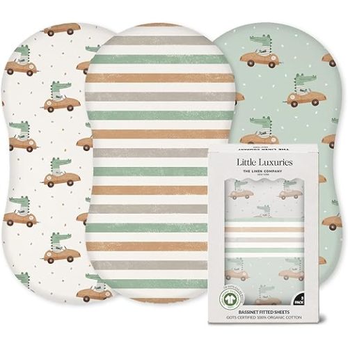 100% Organic Cotton Bassinet Sheets (3 Pack) - Ideal for Halo Bassinest Mattress - GOTS Certified - Pre-Shrunk Sheet for Hourglass Mattress - Breathable Percale Weave Soften with Each Wash (30"x16")