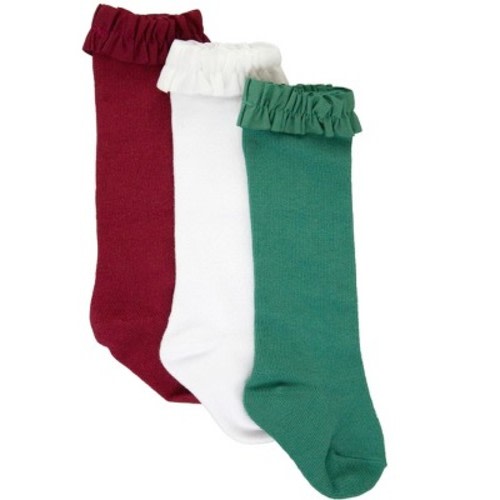 RuffleButts Baby Girls 3-Pack Knee High Socks - Dark Cherry/White/Fir Green, 6-12m