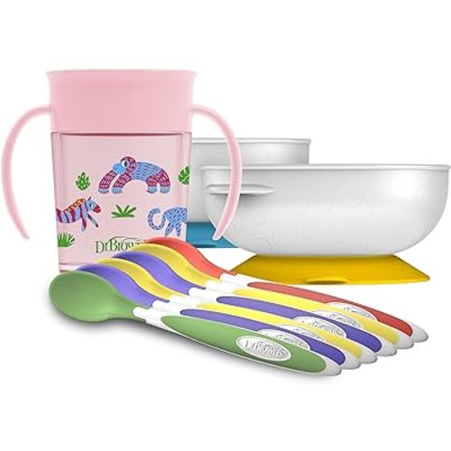 Dr. Brown's Soft-Tip Toddler Feeding Spoons, 6 Pack, No-Slip Suction Bowl, 2 Pack and Milestones™ Cheers360™ Training Sippy Cup with Handles, Pink Animals, 7oz, 6m+