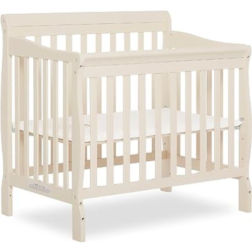 Dream On Me Aden 4-in-1 Convertible Mini Crib In French White, Greenguard Gold Certified, Non-Toxic Finish, New Zealand Pinewood, With 3 Mattress Height Settings