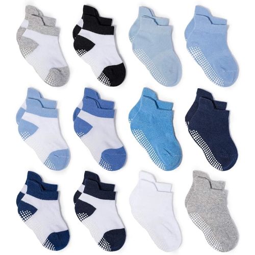 Zaples Baby Non Slip Grip Ankle Socks with Non Skid Soles for Infants Toddlers Kids Boys Girls - Color-blocked/Solid - 12 Pairs