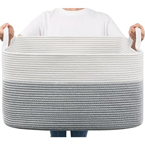 Goodpick Large Toy Storage Basket, Grey Cotton Rope Baskets Toy Storage Bin for Baby, Kids, Woven Storage Basket with Handle for Laundry, Living Room, Nursery, Bedroom, 21.6" x 14.9" x 11.8"