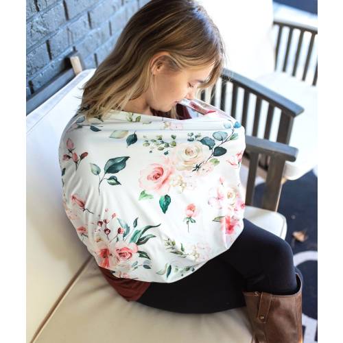 White, Pink and Peach Rose Floral Baby Car Seat Cover, Nursing Breastfeeding Cover, Super Soft and Stretchy Canopy, Multi-purpose Baby Gift