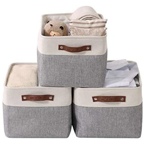 DECOMOMO Large Foldable Storage Bin | Collapsible Sturdy Cationic Fabric Storage Basket Cube W/Handles for Organizing Shelf Nursery Home Closet & Office - Grey and White 15 x 11 x 9.5-3 Pack - Large - 15 x 11 x 9.5" - 3 Pack