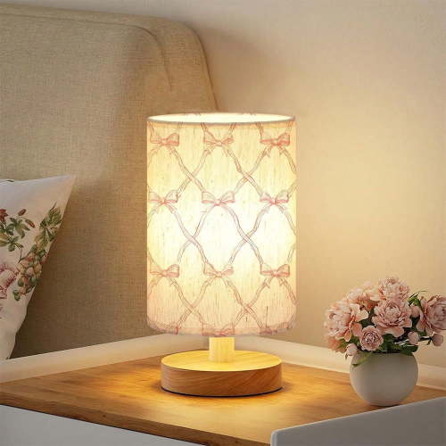 Pink Bow Pattern Desk Lamp，Small Bedside Table Lamp - Classic Wood Base With Flaxen Fabric Shade, Lamps For Night Stands, Simple Nightstand Light For Bedroom, Office, Desk